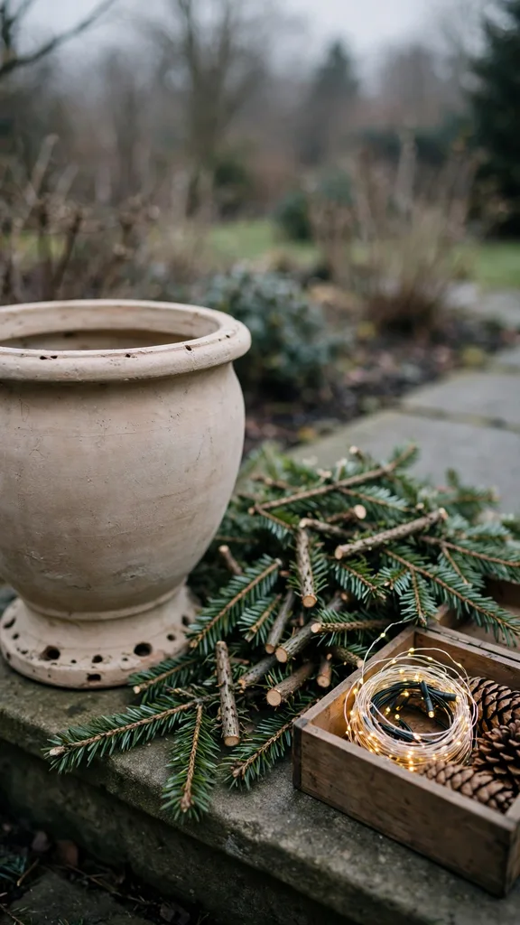A stripped urn beside cut boughs ready for compost in late winter