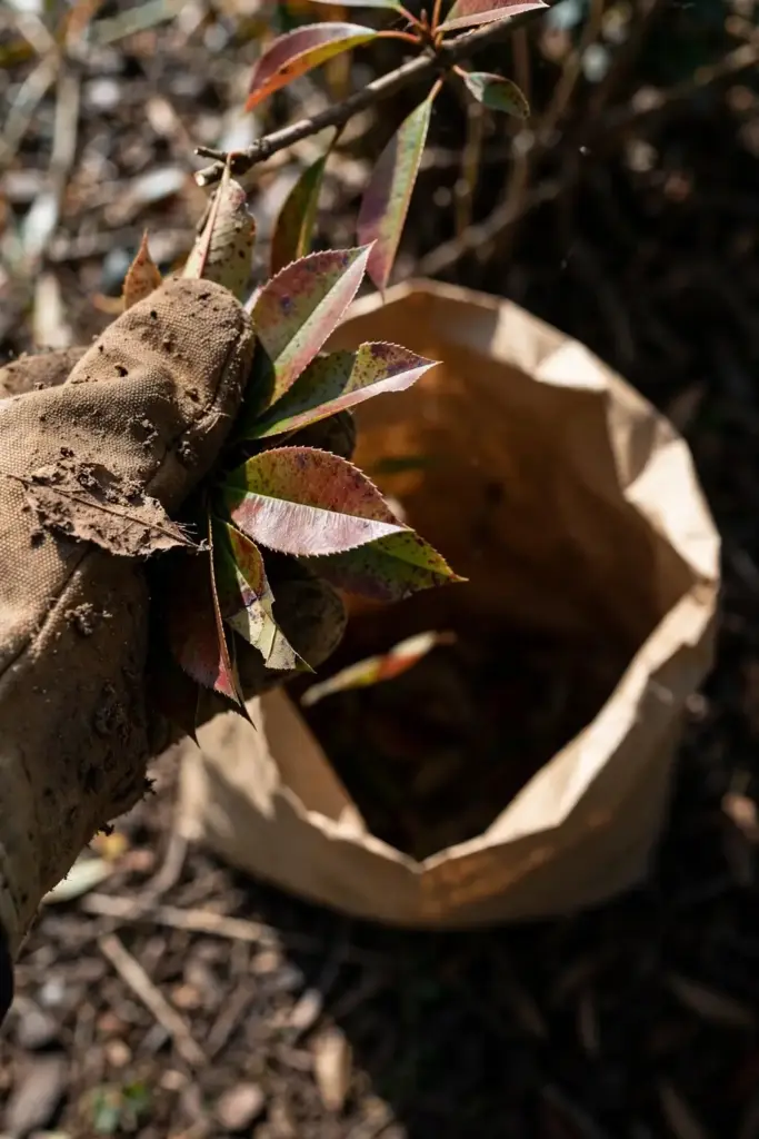 Worn garden mitt stripping spotted leaves from a photinia branch into a bag