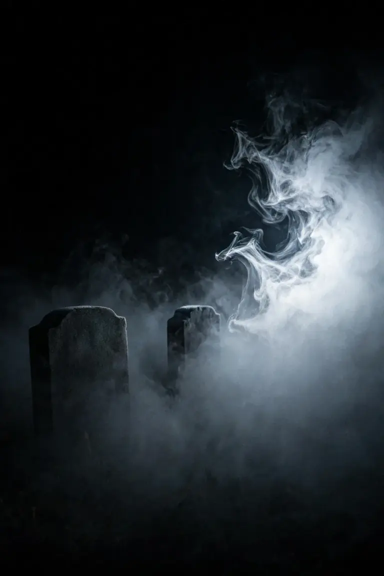 Fog bank behind tombstones caught in a single hard flash of strobe light at night