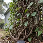 Thick woody vine smothering a backyard fence with a freshly cut painted stump at its base
