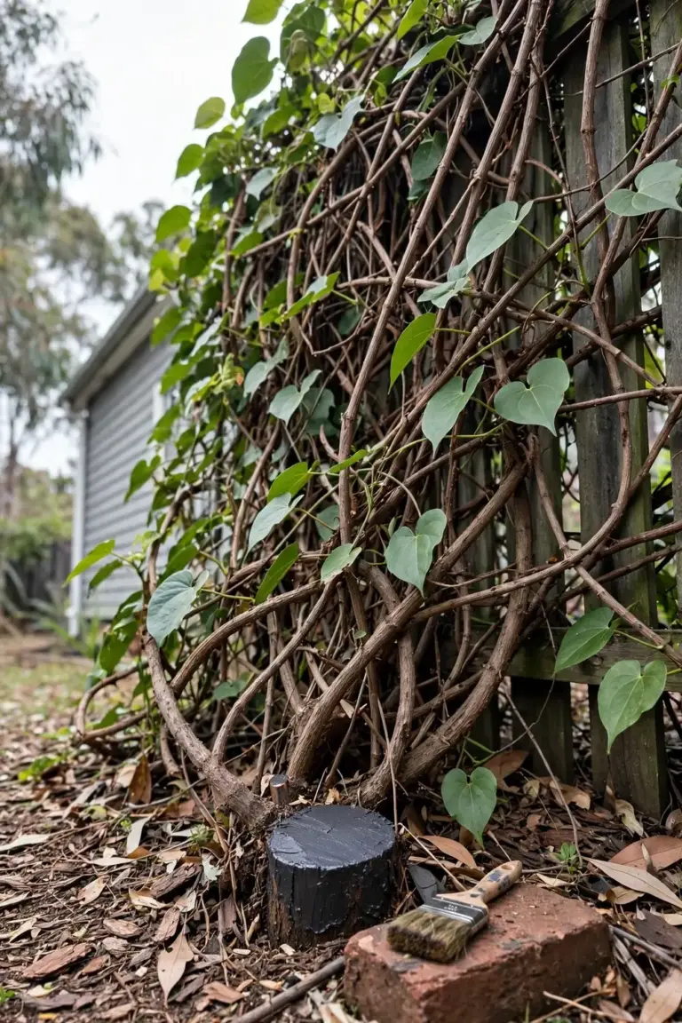 Thick woody vine smothering a backyard fence with a freshly cut painted stump at its base