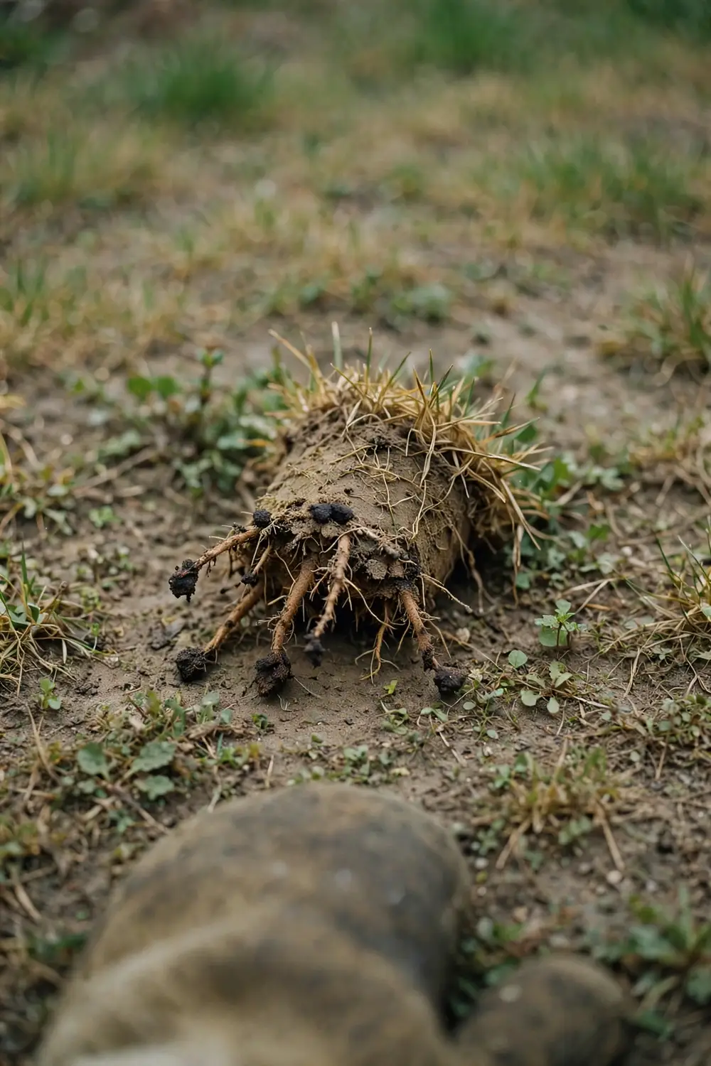 Turf plug with short cropped roots held over a lawn thinned in patches by stunt nematode