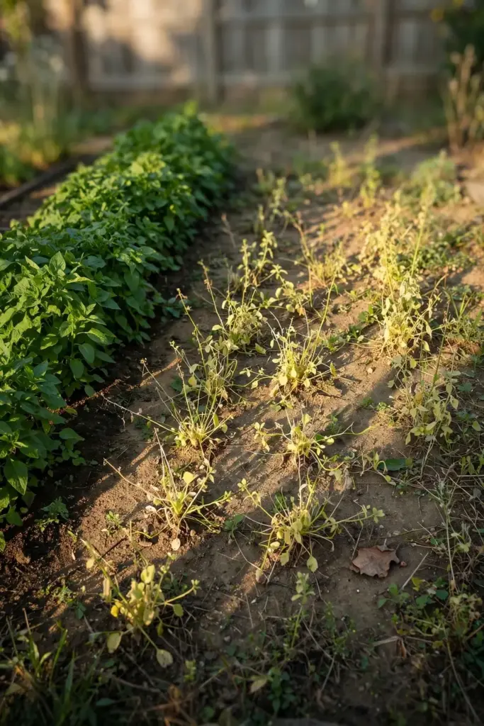 Vegetable bed with a patch of stunted yellowing plants beside healthy rows.