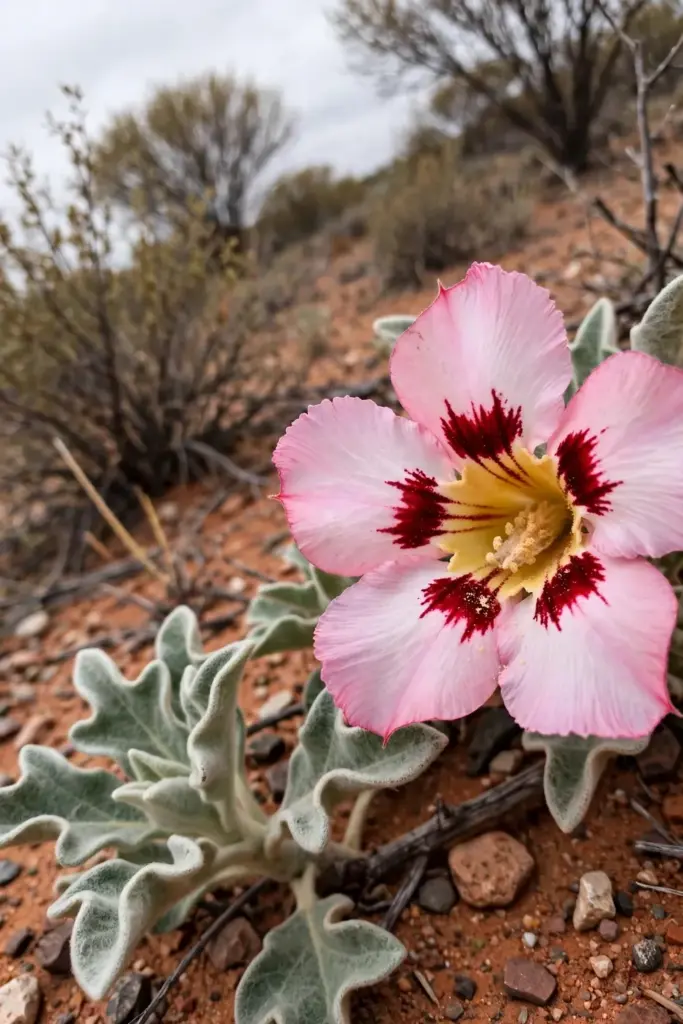 Sturt's Desert Rose bloom with five pink petals, yellow center, and red blotches