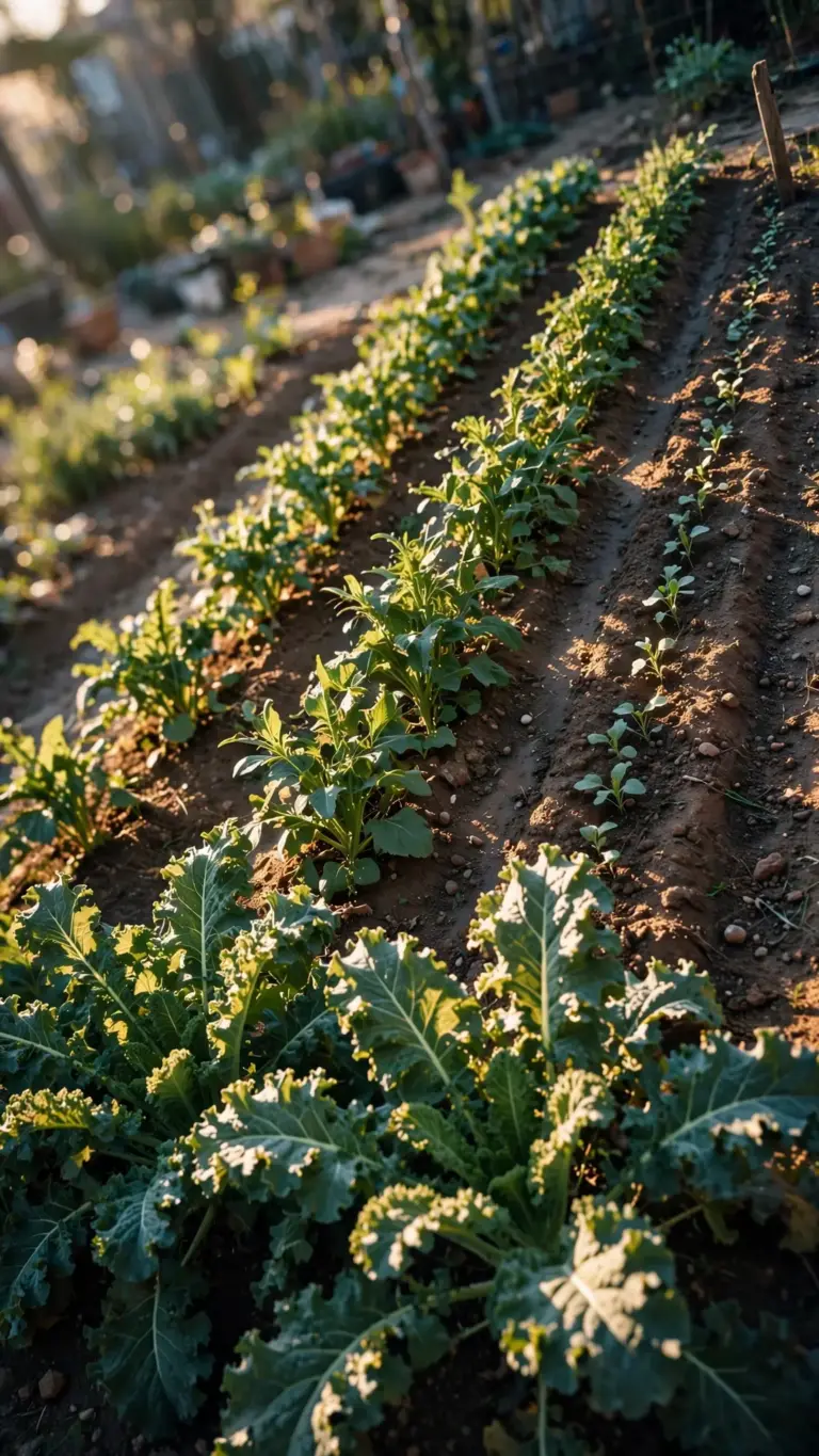 Three adjacent rows of greens at clearly different growth stages