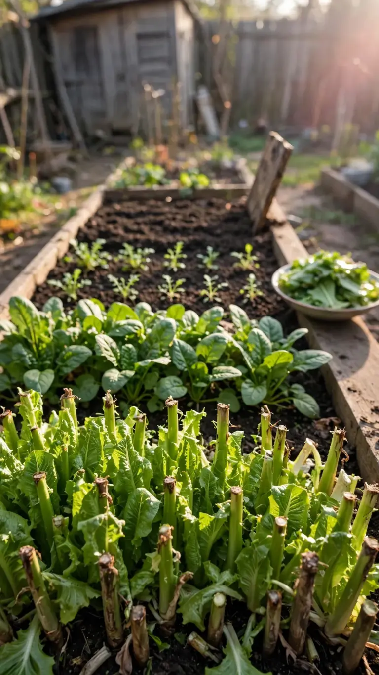 One bed with four rows of greens at staggered growth stages
