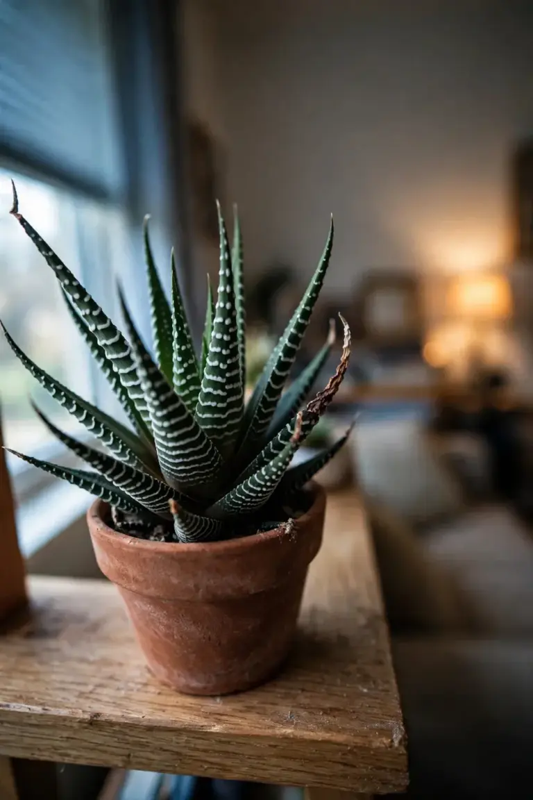 Succulent on a shelf in a dry heated living room with soft indoor bokeh