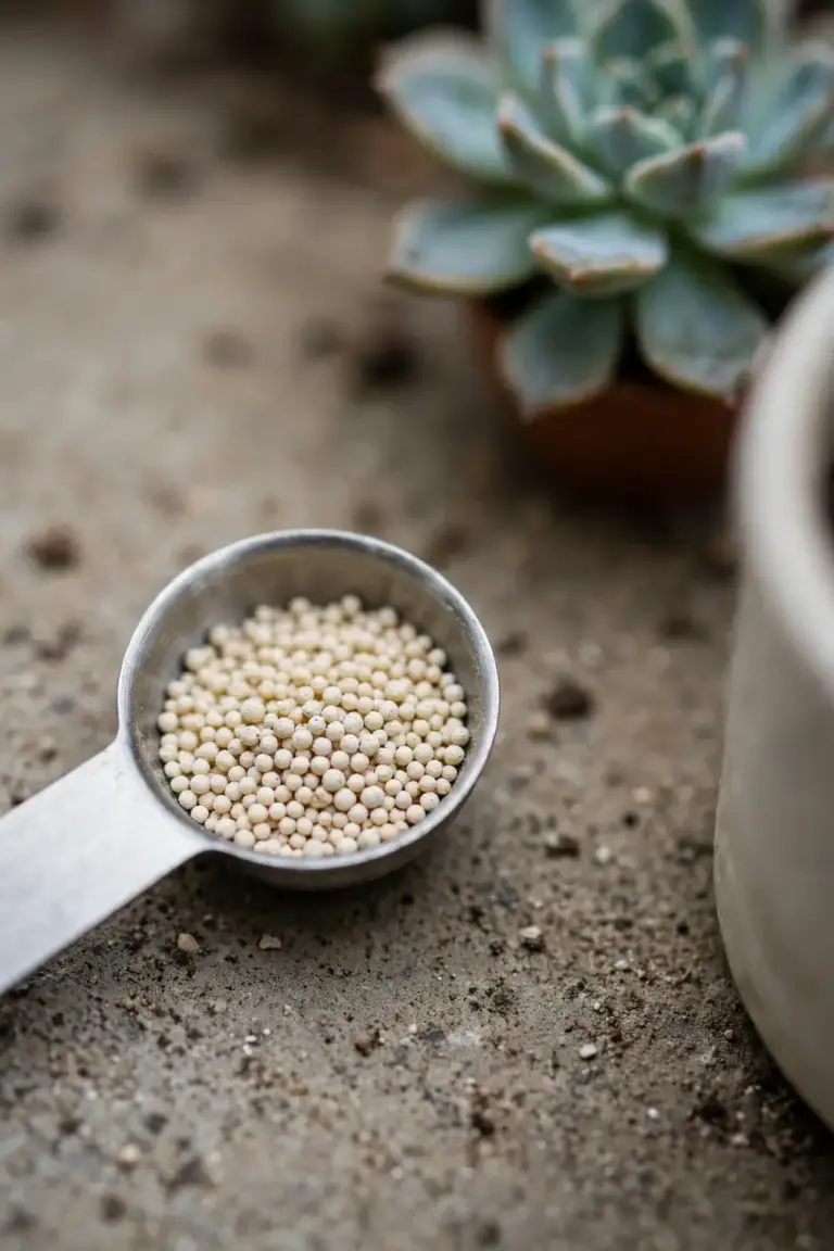 Measuring spoon of pale fertilizer granules beside a potted succulent