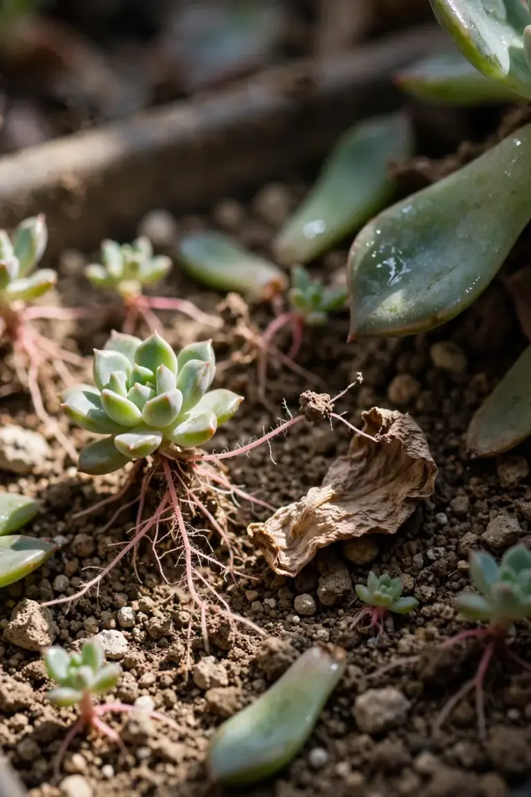 Succulent leaves laid on dry soil sprouting tiny new rosettes and pink roots