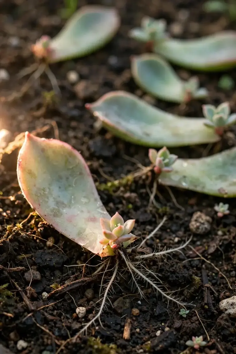 Succulent leaves laid on mix with tiny new rosettes sprouting at the base