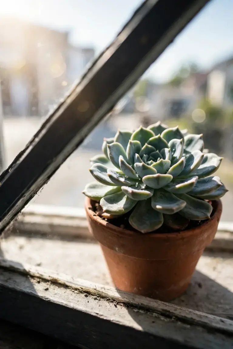 Succulent on a bright north-facing windowsill with strong daylight streaming in