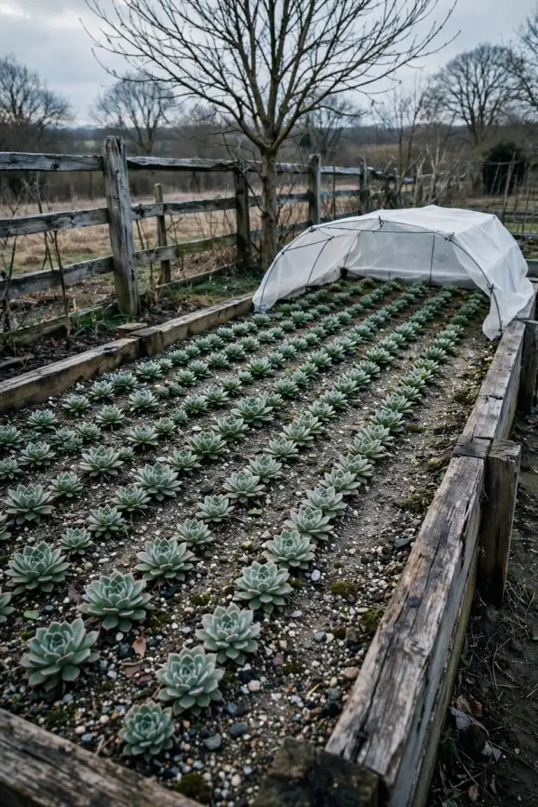 Raised succulent bed with frost cloth frame in a temperate garden