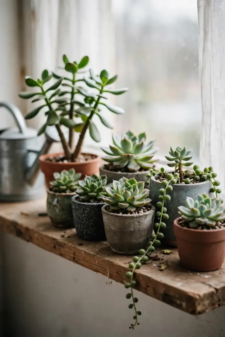 Row of potted succulents on a wooden shelf in varied pots