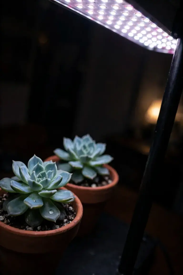 Succulent rosettes glowing under a full-spectrum LED grow light in a dim room