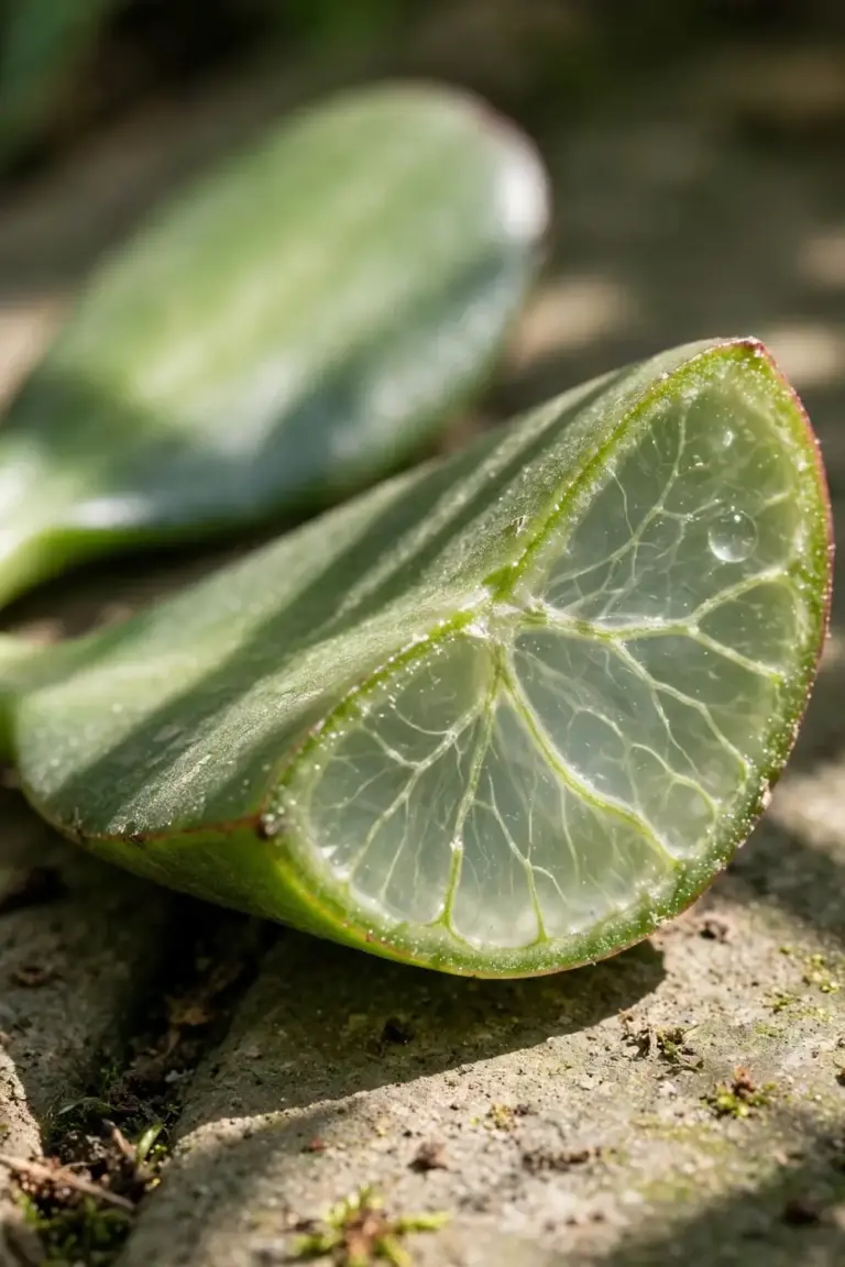 Thick jade leaf sliced open showing clear fleshy water-storing tissue