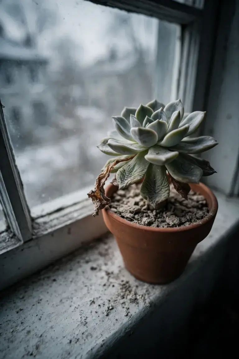 Succulent resting on a cool winter windowsill with dry soil and grey light