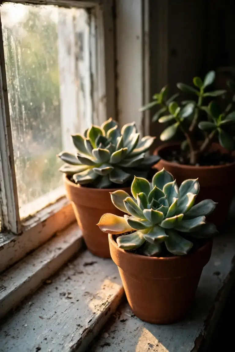 Succulents on a bright south-facing windowsill with morning sun