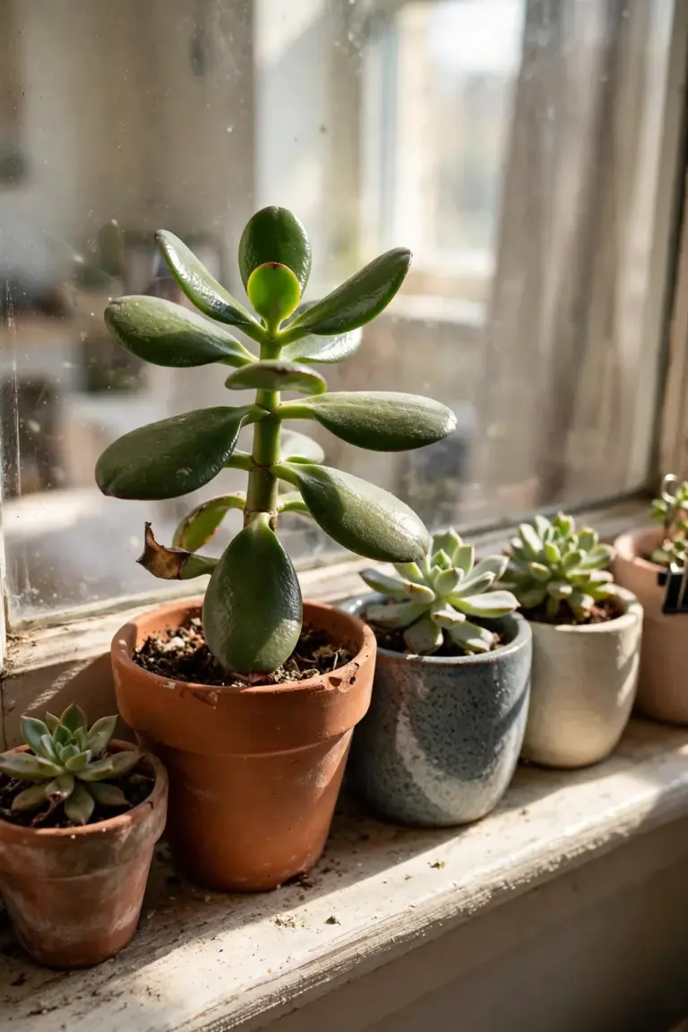 Row of small succulents in pots on a sunlit windowsill with bright natural light