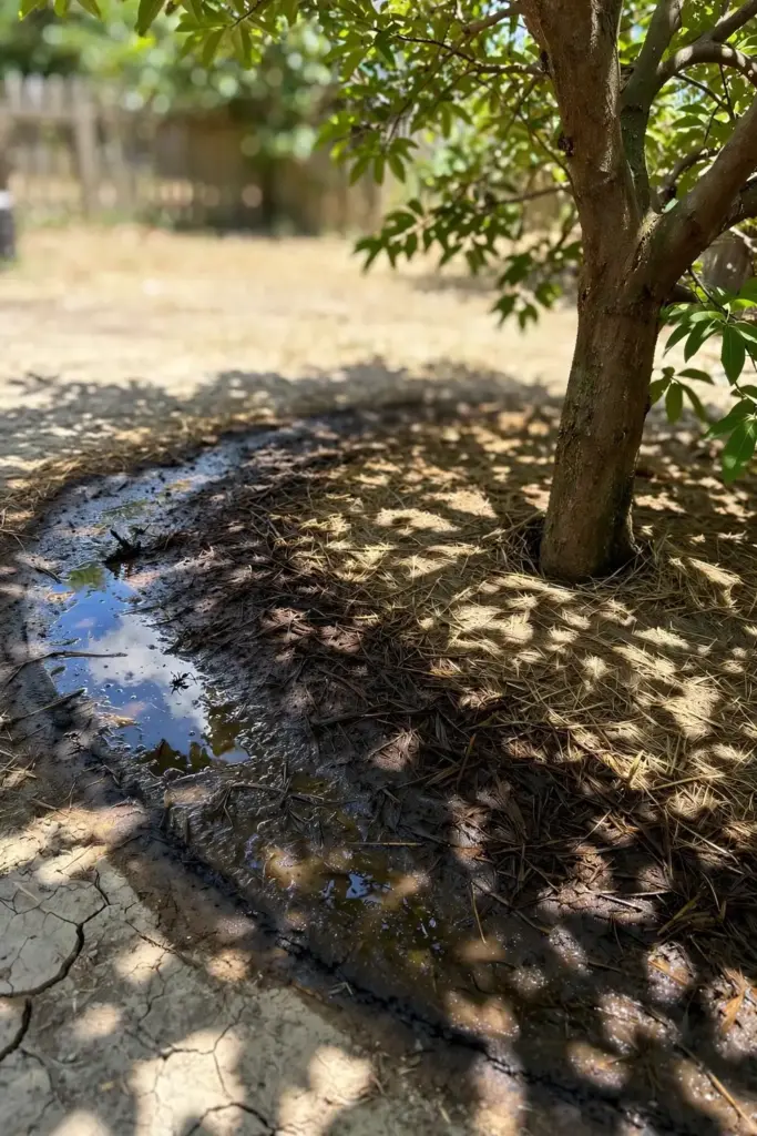 Water soaking into dark soil around a sugar apple trunk