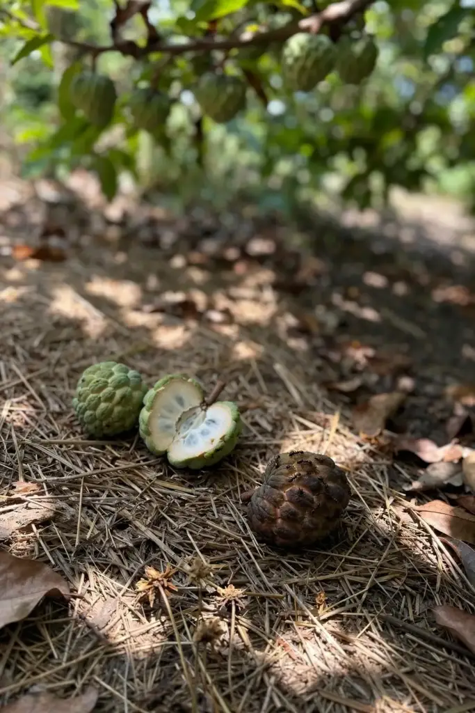 Small unripe sugar apples fallen on mulch beneath the tree