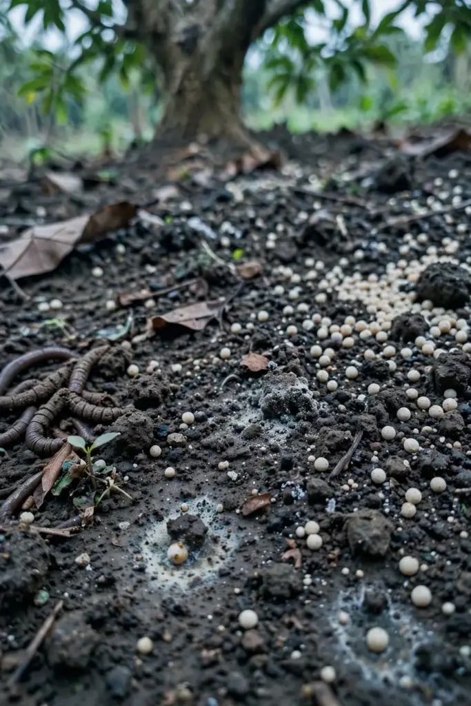 Fertilizer granules scattered on soil under a sugar apple tree