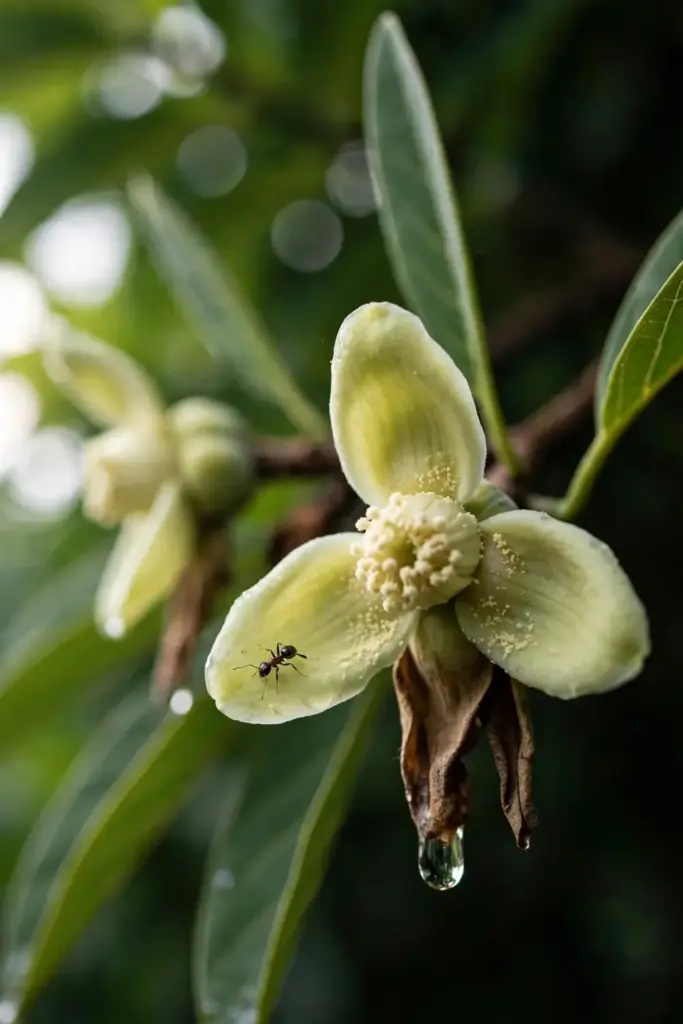 Small green-yellow sugar apple flower open on the branch