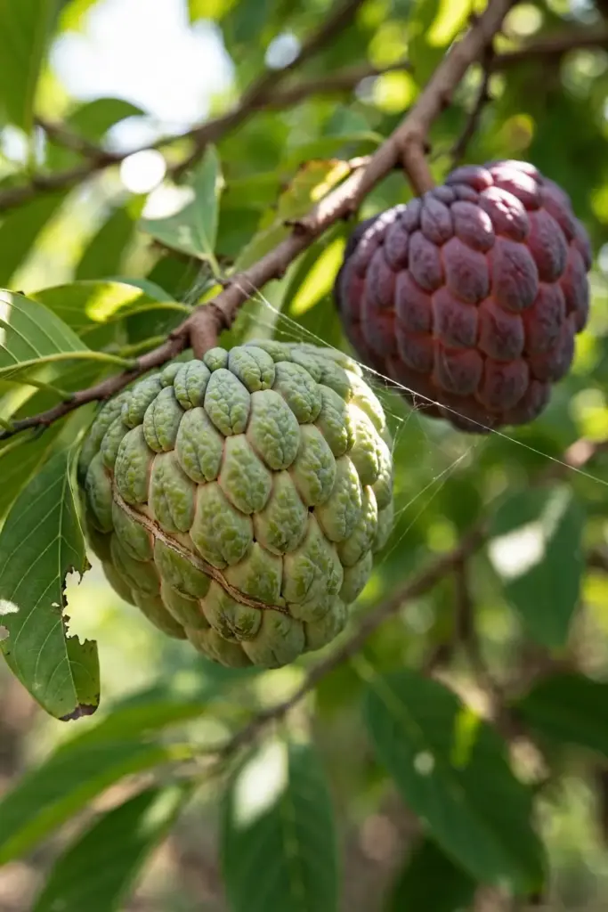 Green and reddish-purple sugar apples hanging on branches