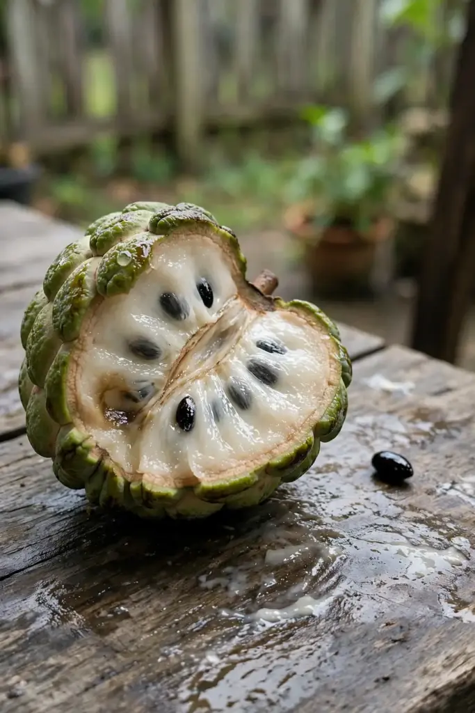 Halved ripe sugar apple showing creamy pulp and black seeds