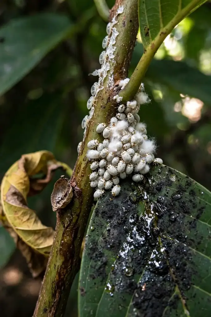 Mealybugs clustered on a sugar apple stem under a leaf