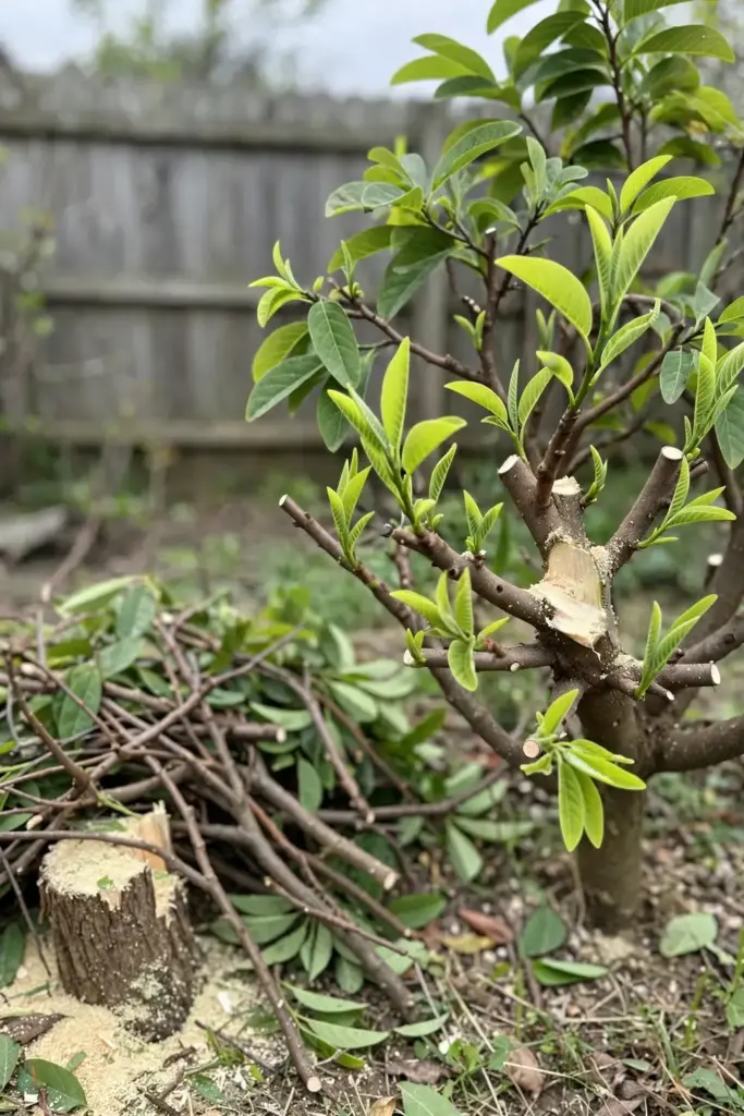 Pruned sugar apple tree flushing with fresh spring growth