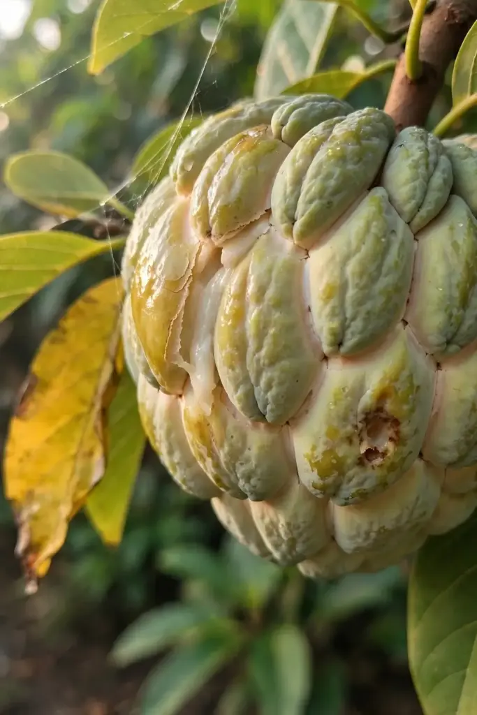 Ripe sugar apple with creamy seams hanging on the branch