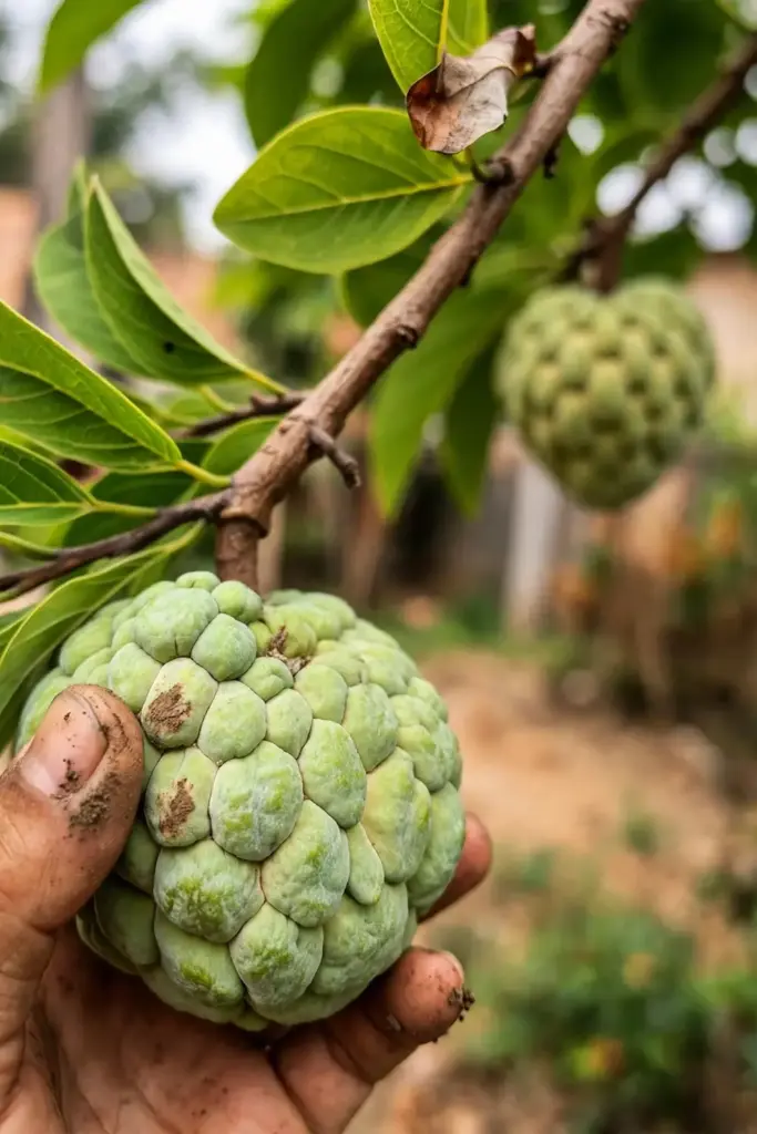 Hand cradling a ripe sugar apple on the branch at harvest