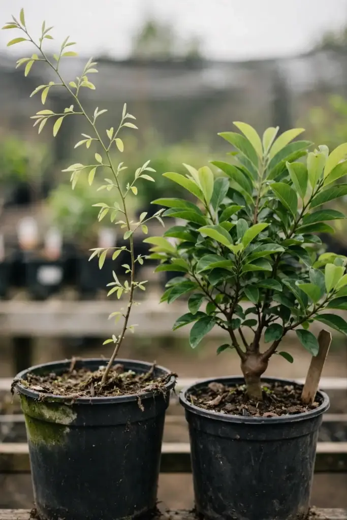 Sugar apple seedling and grafted tree side by side in pots
