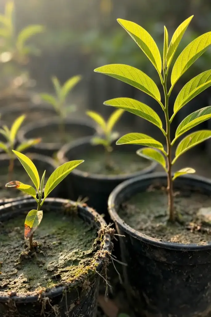 Young sugar apple seedlings with true leaves in nursery pots