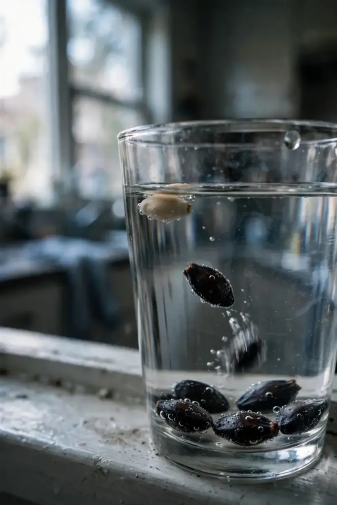 Sugar apple seeds soaking in a glass of water on a windowsill