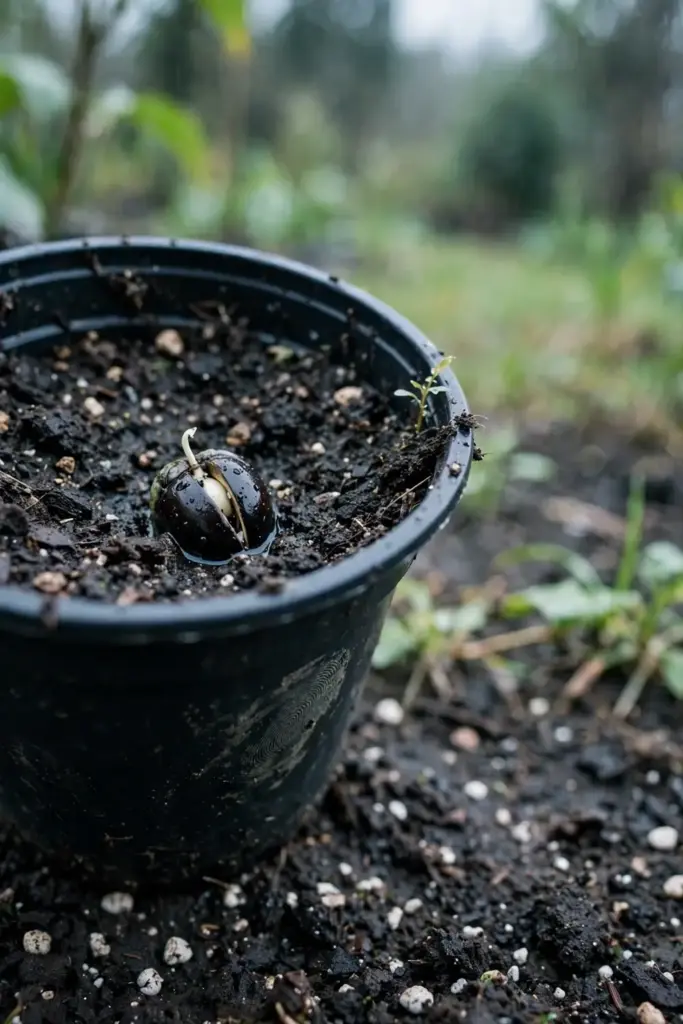 Sugar apple seeds sown in dark moist seed-starting mix