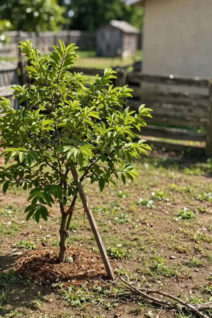 Sugar apple tree in a sunny open yard with fence wind shelter