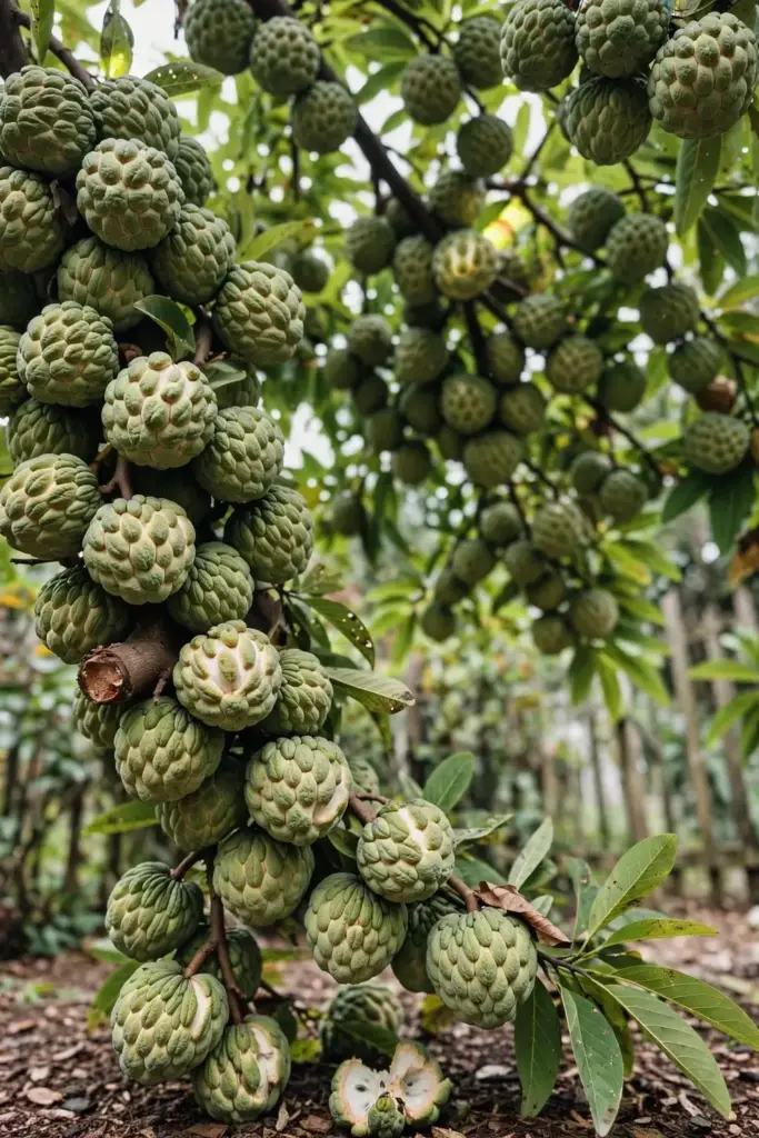 Compact sugar apple tree heavy with ripening fruit