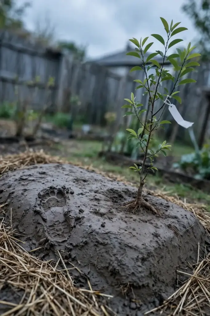 Newly planted sugar apple tree on a raised soil mound