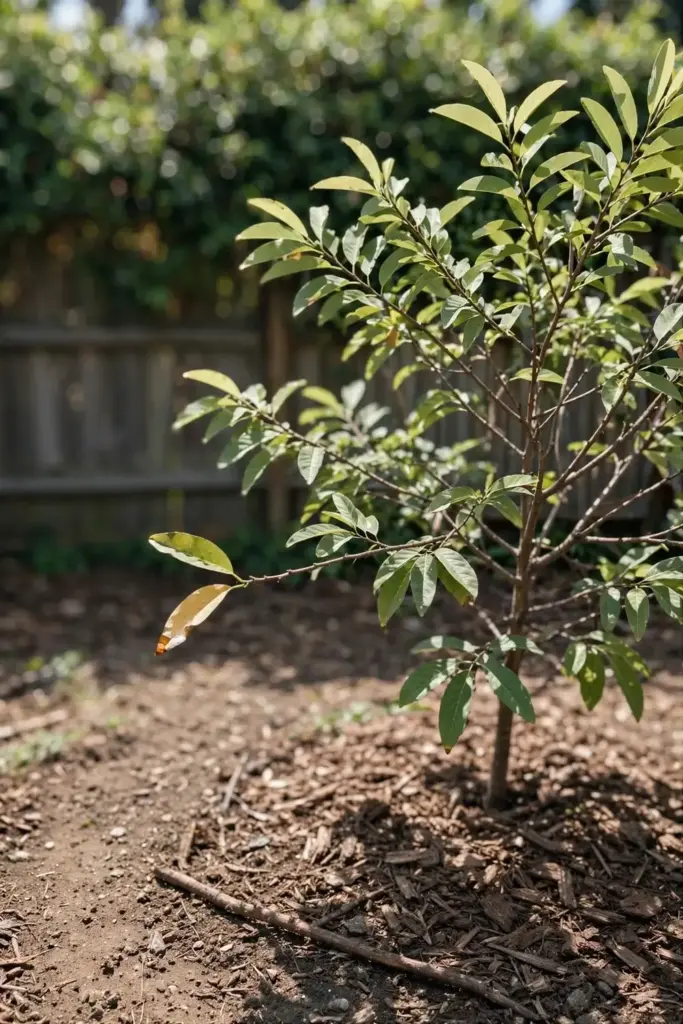 Young sugar apple tree in a sunny mulched backyard bed