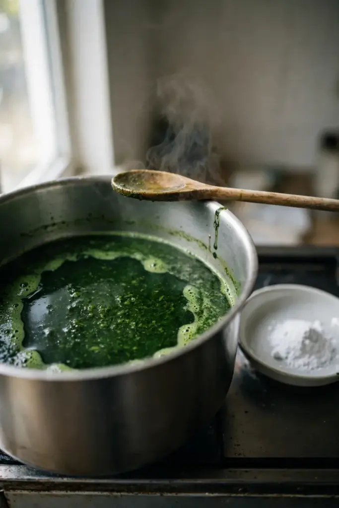 Green suji dye simmering gently in a pot with a pinch of baking soda