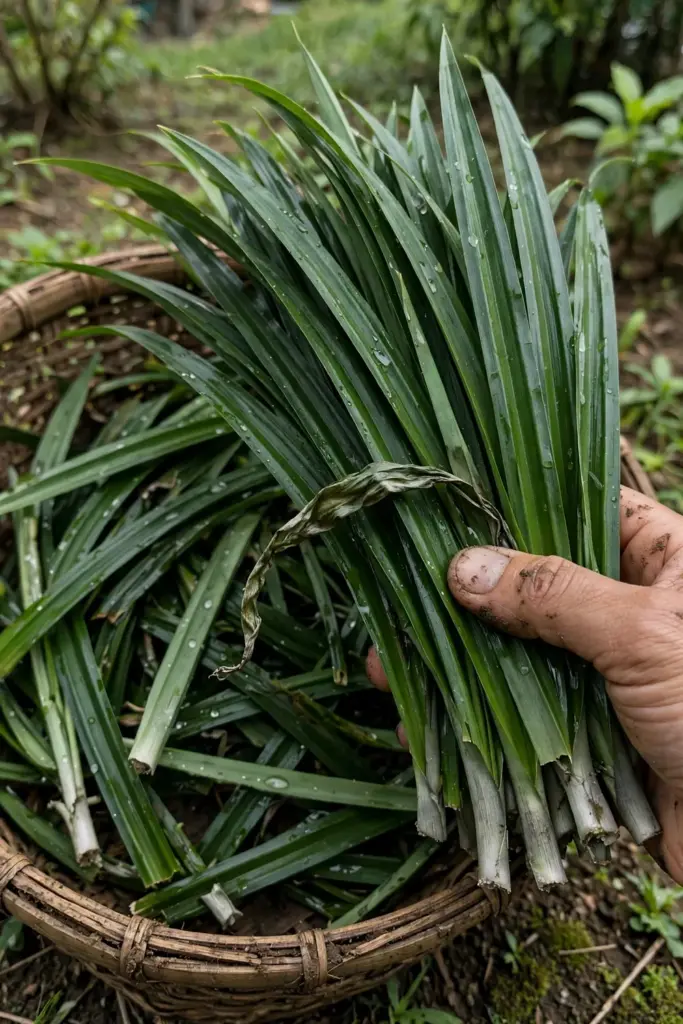 A hand cradling freshly cut suji leaves over a woven basket