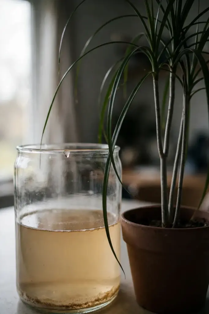 Diluted liquid feed in a plain jug beside a suji plant