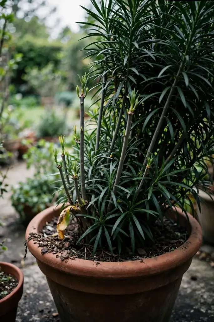 A mature suji shrub in a large pot with dense dark green leaves