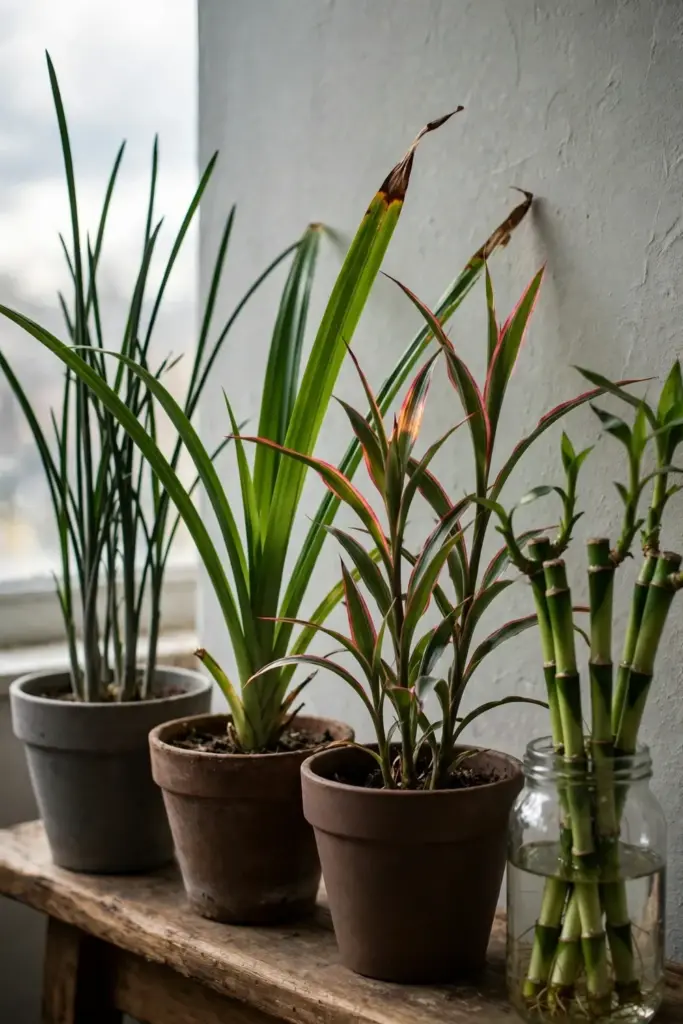 Suji, pandan, marginata, and lucky bamboo leaves side by side for comparison