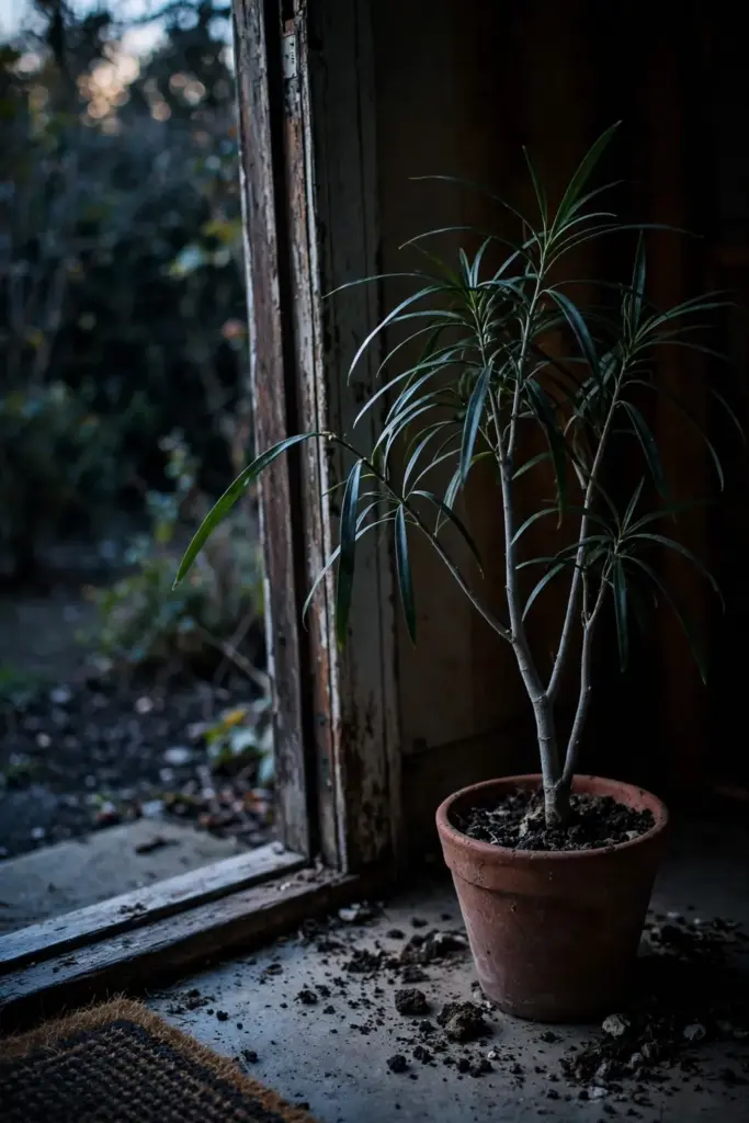 A potted suji plant at an open doorway before a cold night