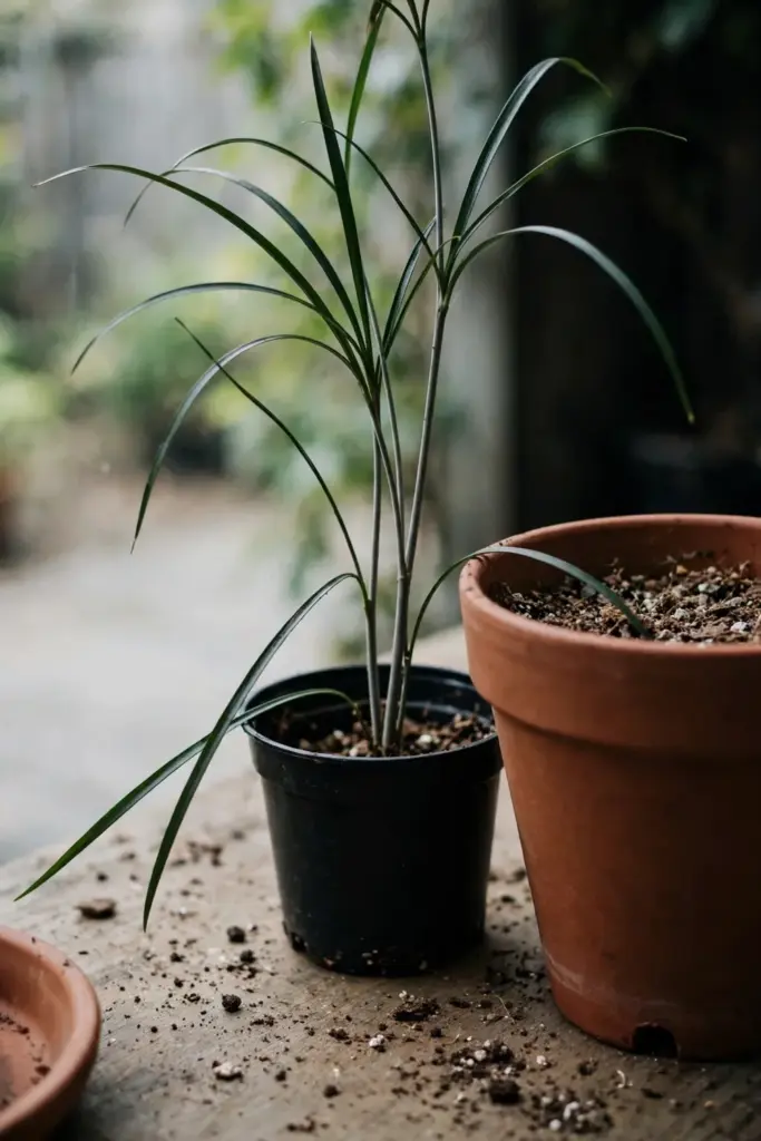 A suji plant beside a deep pot with drainage holes and fresh mix