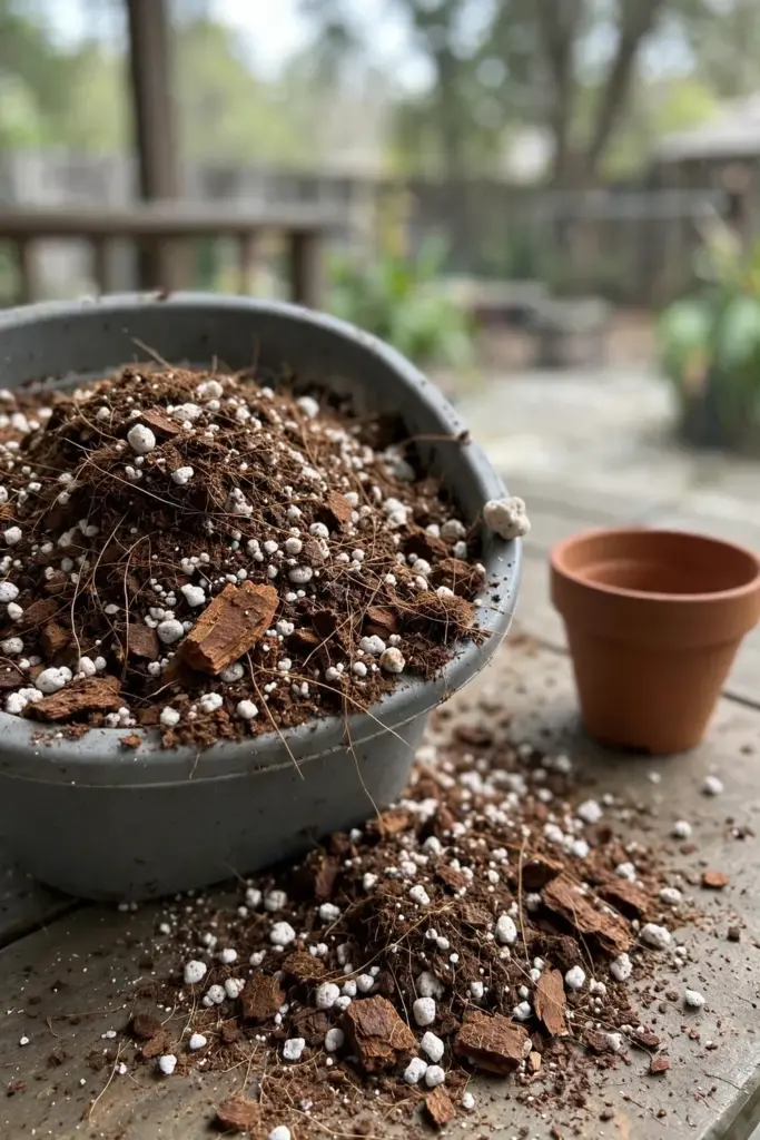 Potting mix with perlite and bark in a tub beside a suji pot