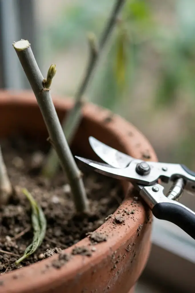 Pruning shears resting on a pot rim beside a freshly cut suji stem