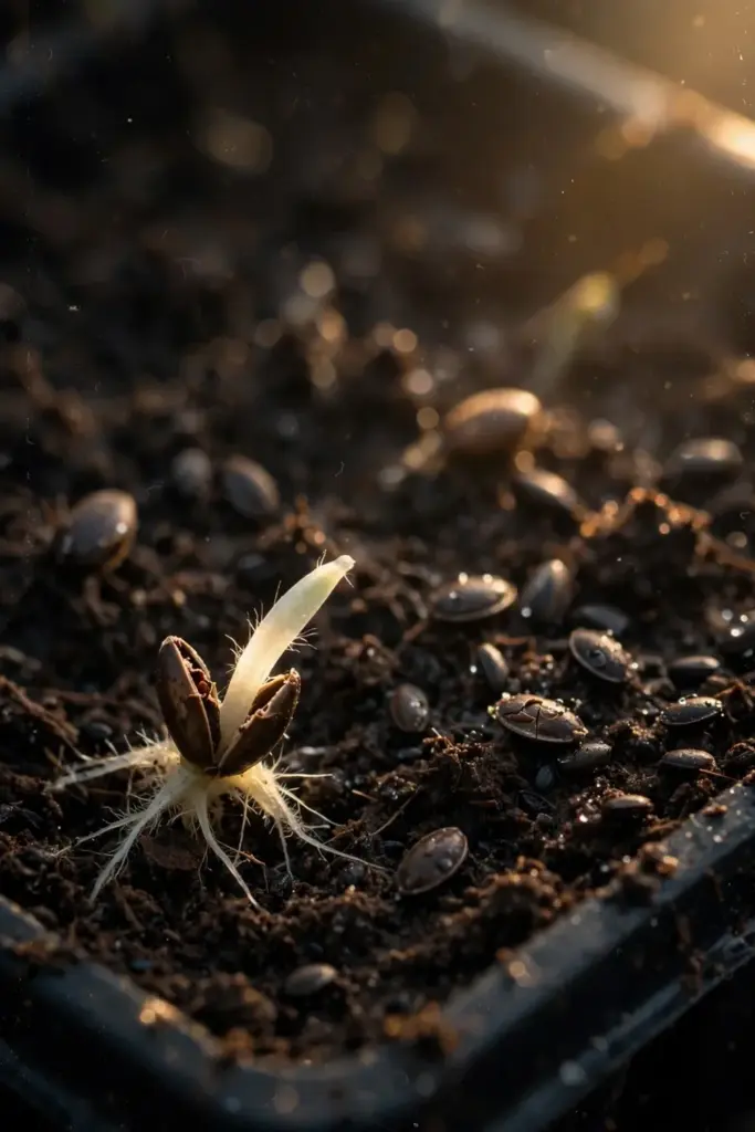 Suji seeds sown shallow in moist seed mix in a small tray